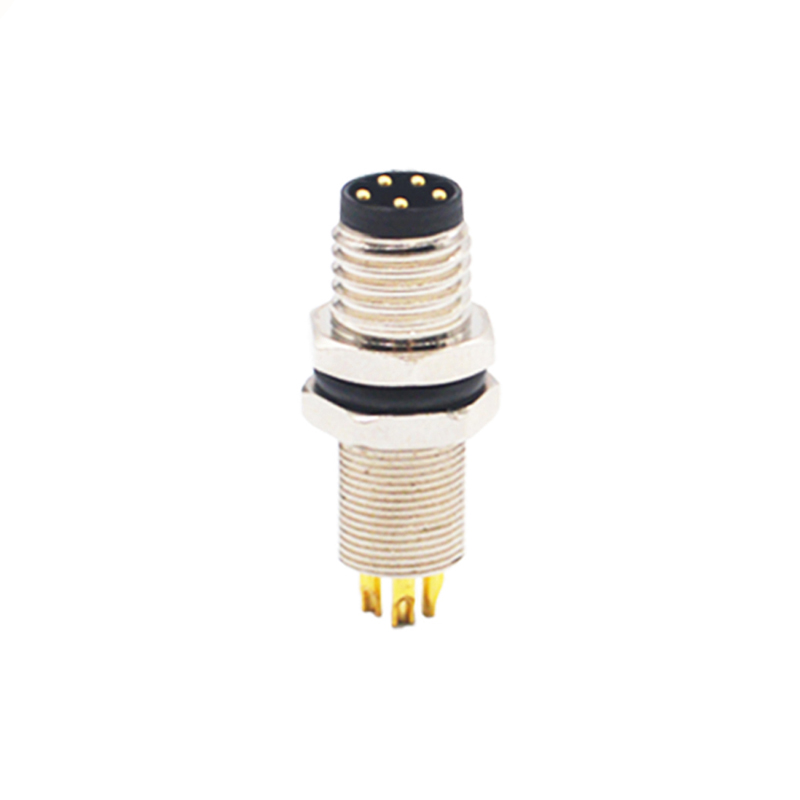 M8 5pins B code male straight rear panel mount connector,unshielded,solder,brass with nickel plated shell